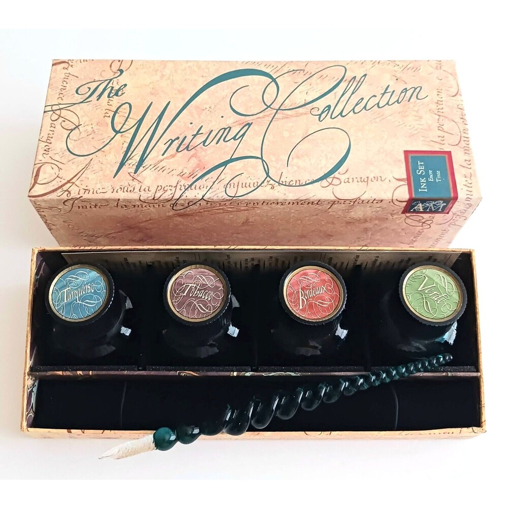 NEW Authentic Models Calligraphy Writing Ink Box Set Hand Blown Glass Pen 4 Inks
